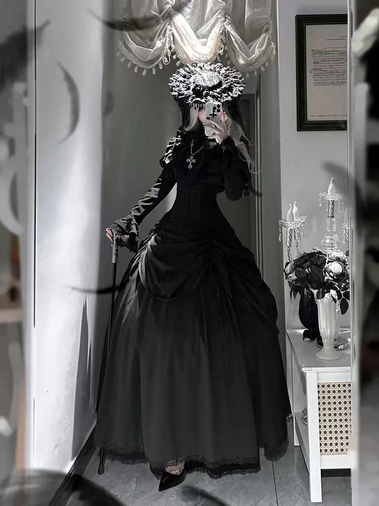 Goth Lolita Black Dark Witch Halloween Autumn Winter Waist-Cinched Plus Size Lolita Dress
