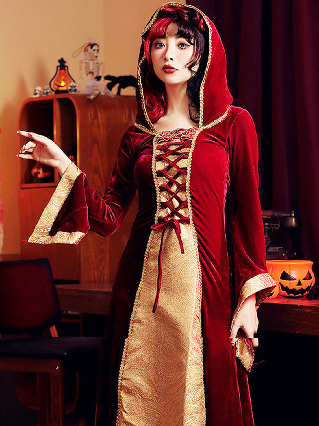 Goth Lolita Black Red Witch Court Dress Veil Bloody Halloween Cosplay Outfit