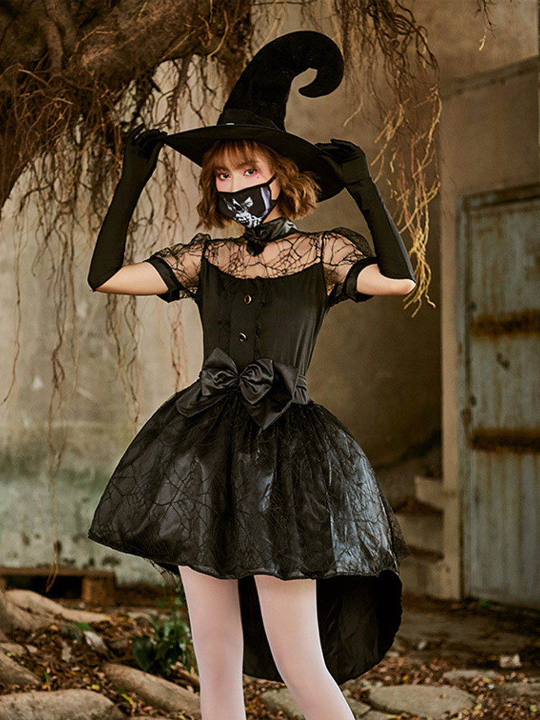 Goth Lolita Black Red Witch Court Dress Veil Bloody Halloween Cosplay Outfit