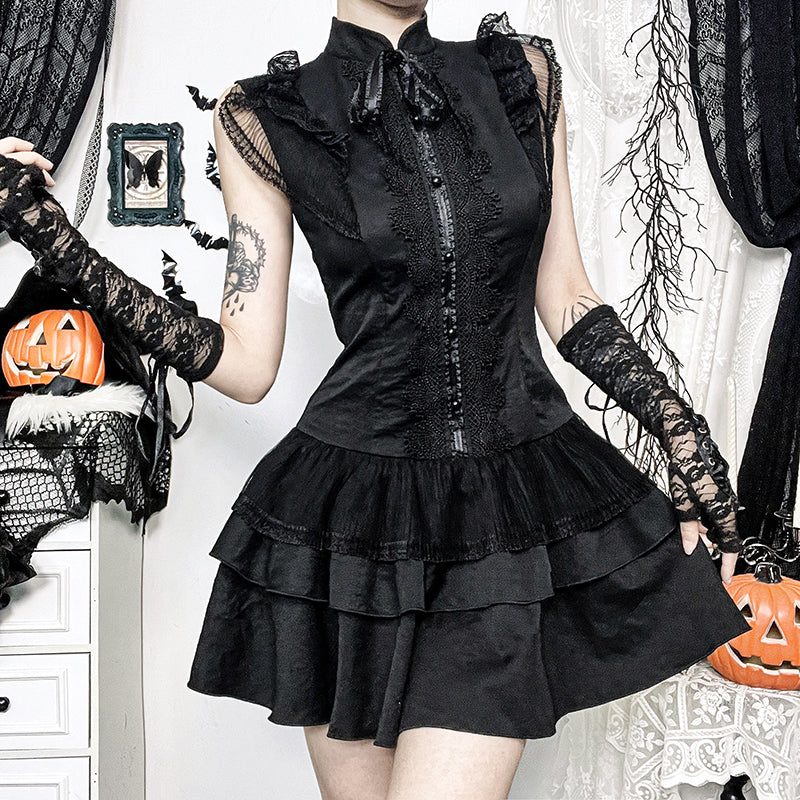 Goth Lolita Black Shirt Skirt Lolita DressesStitching Skirt Vintage Skirt