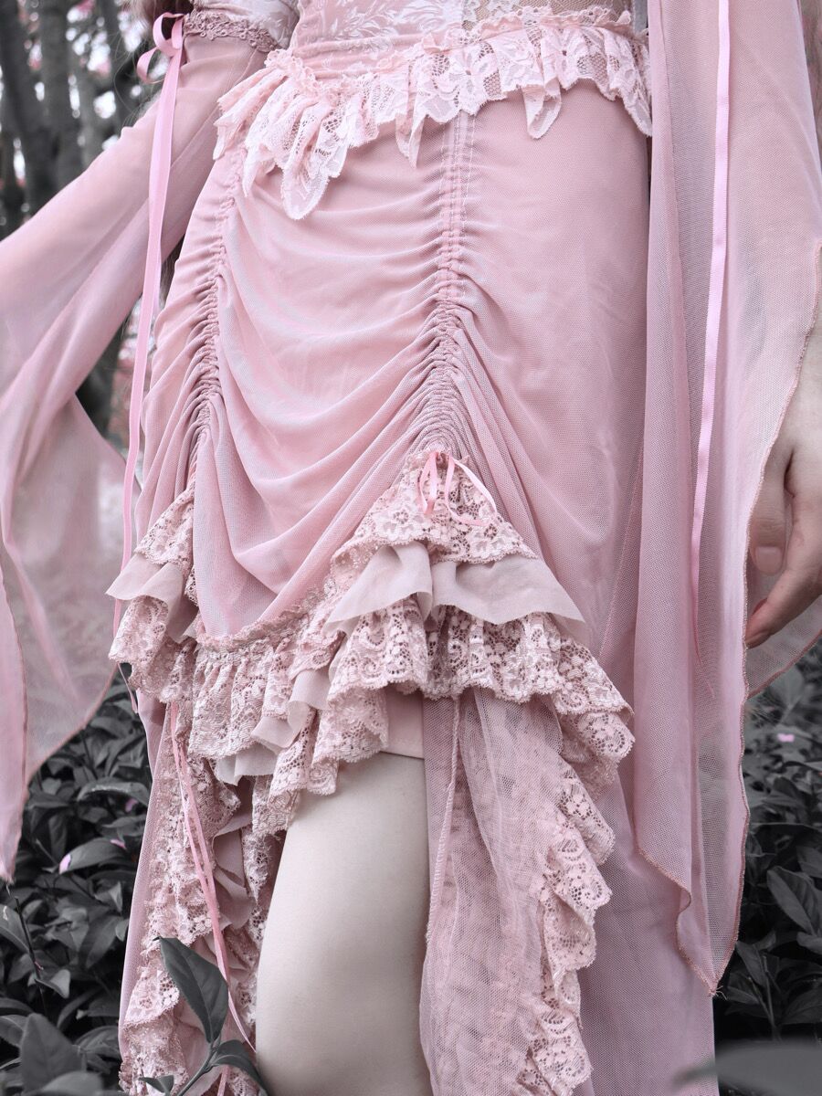 Goth Lolita Fishtail Dress with Pink Lace Sheer Sleeves Horned Parasol