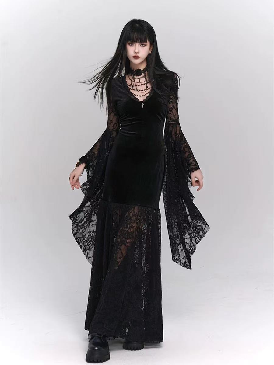 Goth Lolita Black French Retro Subculture Long Dress Medieval Ghost Dark