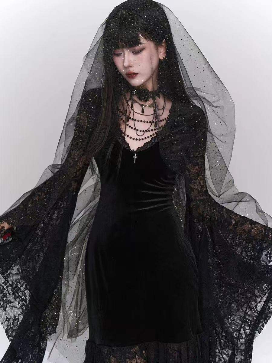 Goth Lolita Black French Retro Subculture Long Dress Medieval Ghost Dark