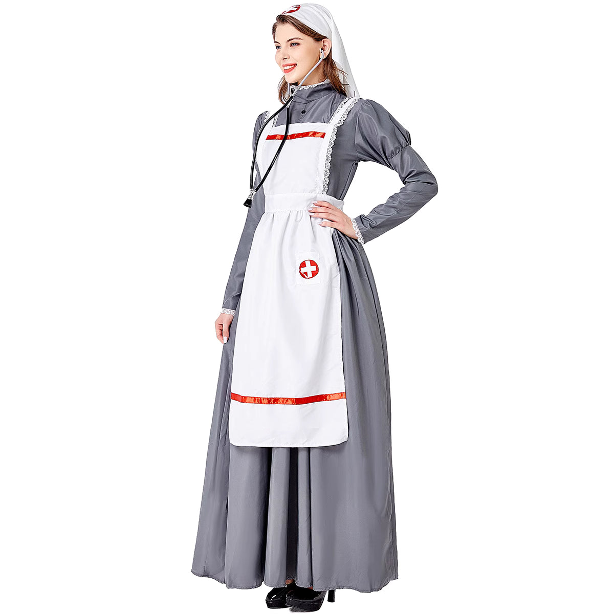 Person wearing a nurse costume with a white apron and gray outfit on a white background