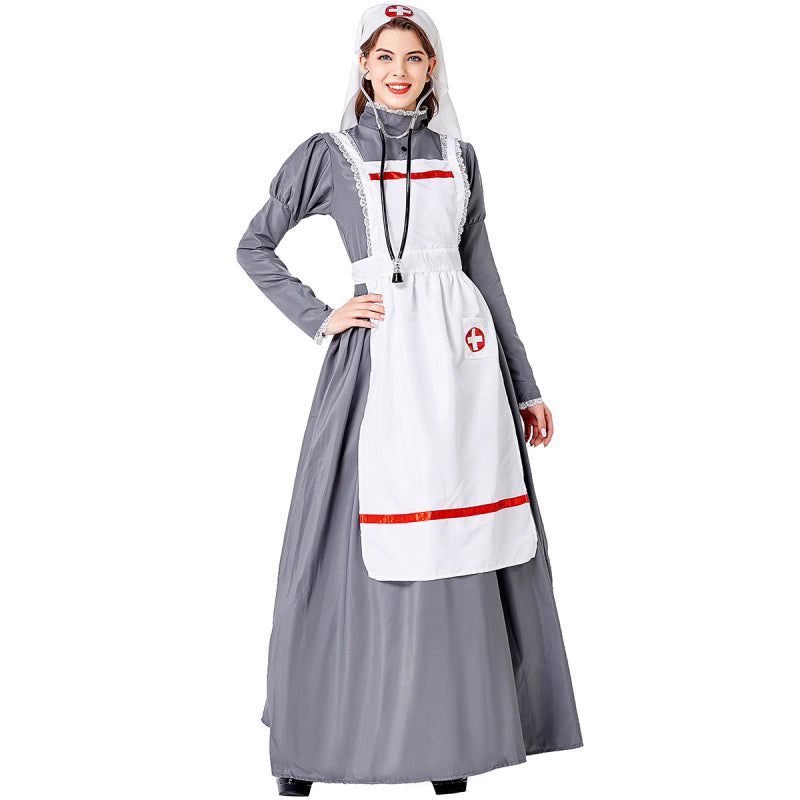 Person wearing a nurse costume with a white apron and gray coat on a white background