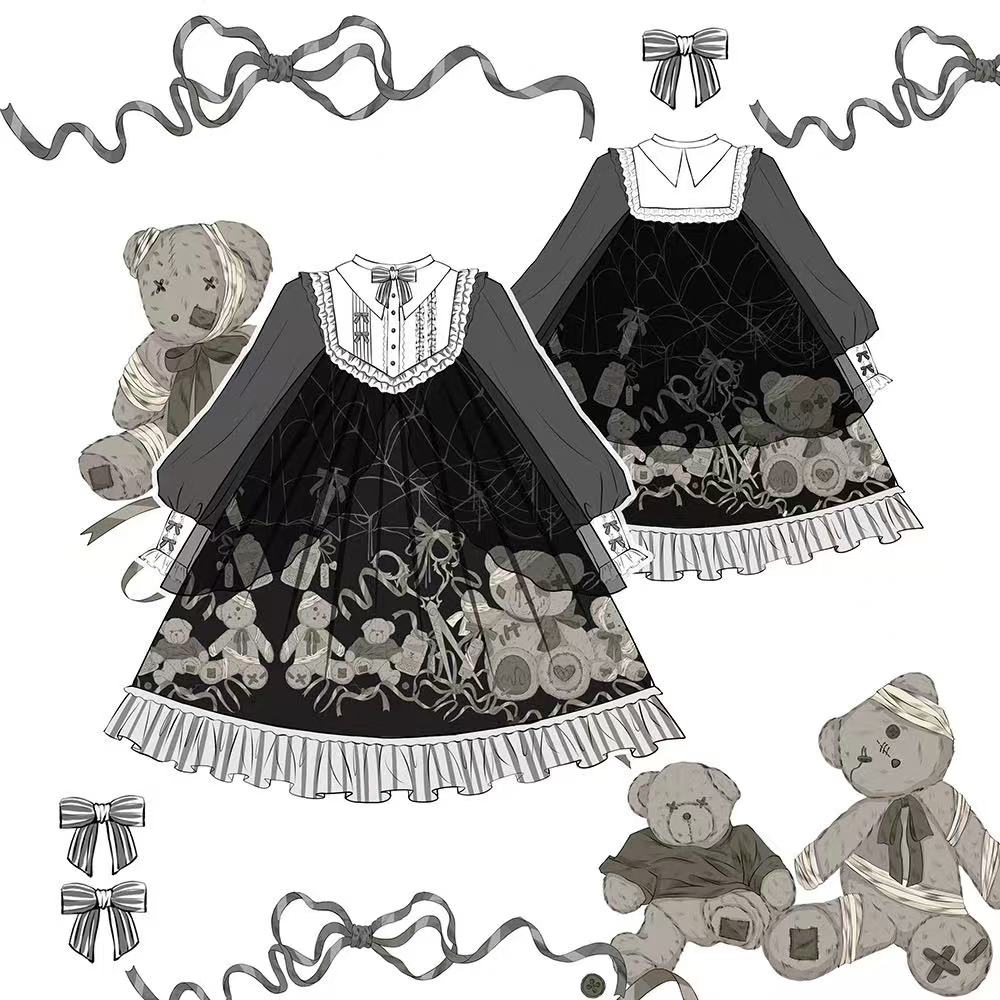Goth Lolita OP Black Long Sleeve Lace Trim Autumn Winter Halloween Lolita Dress