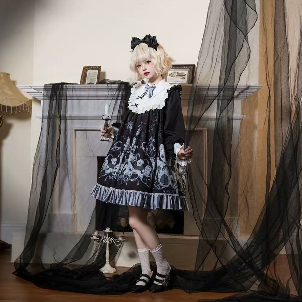 Goth Lolita OP Black Long Sleeve Lace Trim Autumn Winter Halloween Lolita Dress