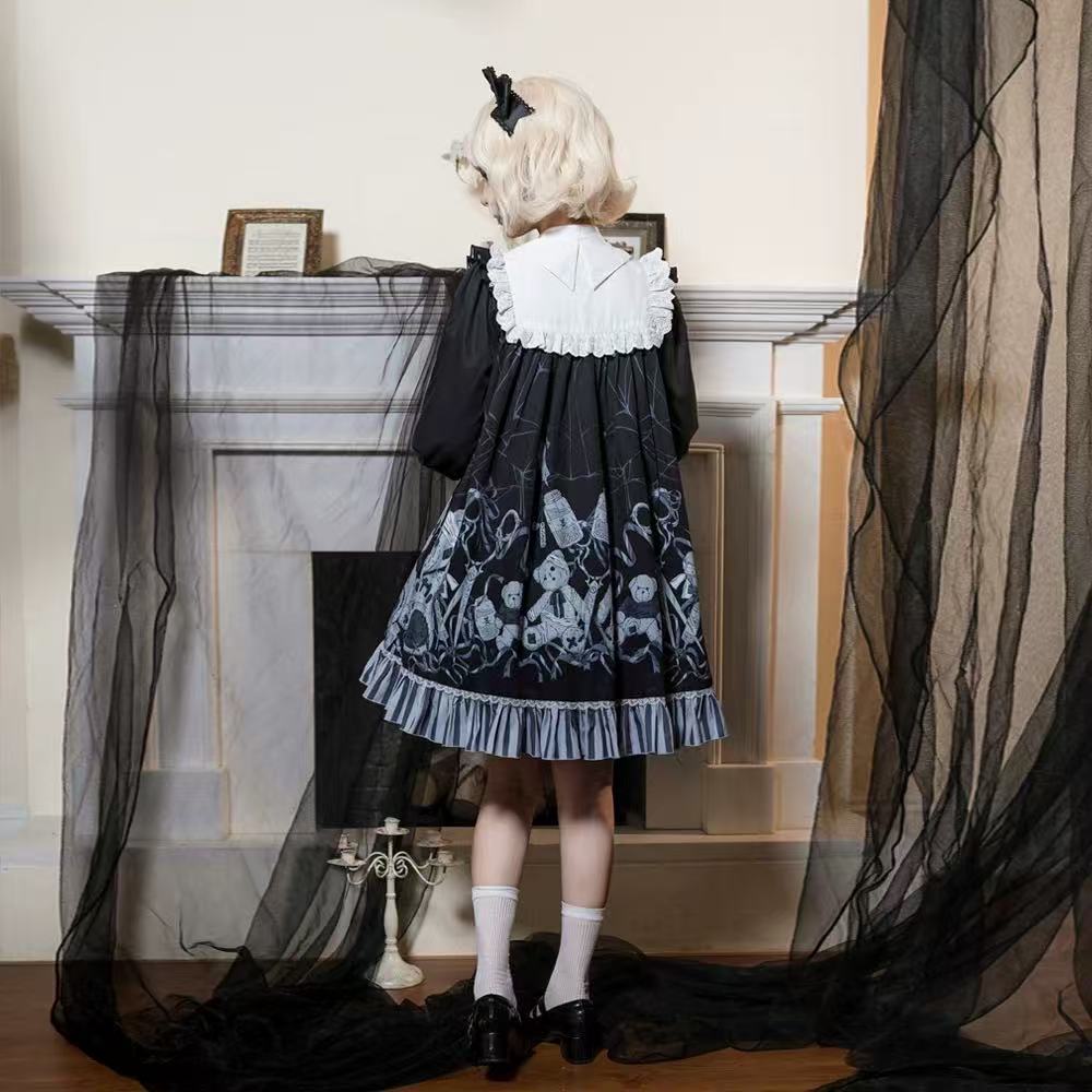 Goth Lolita OP Black Long Sleeve Lace Trim Autumn Winter Halloween Lolita Dress