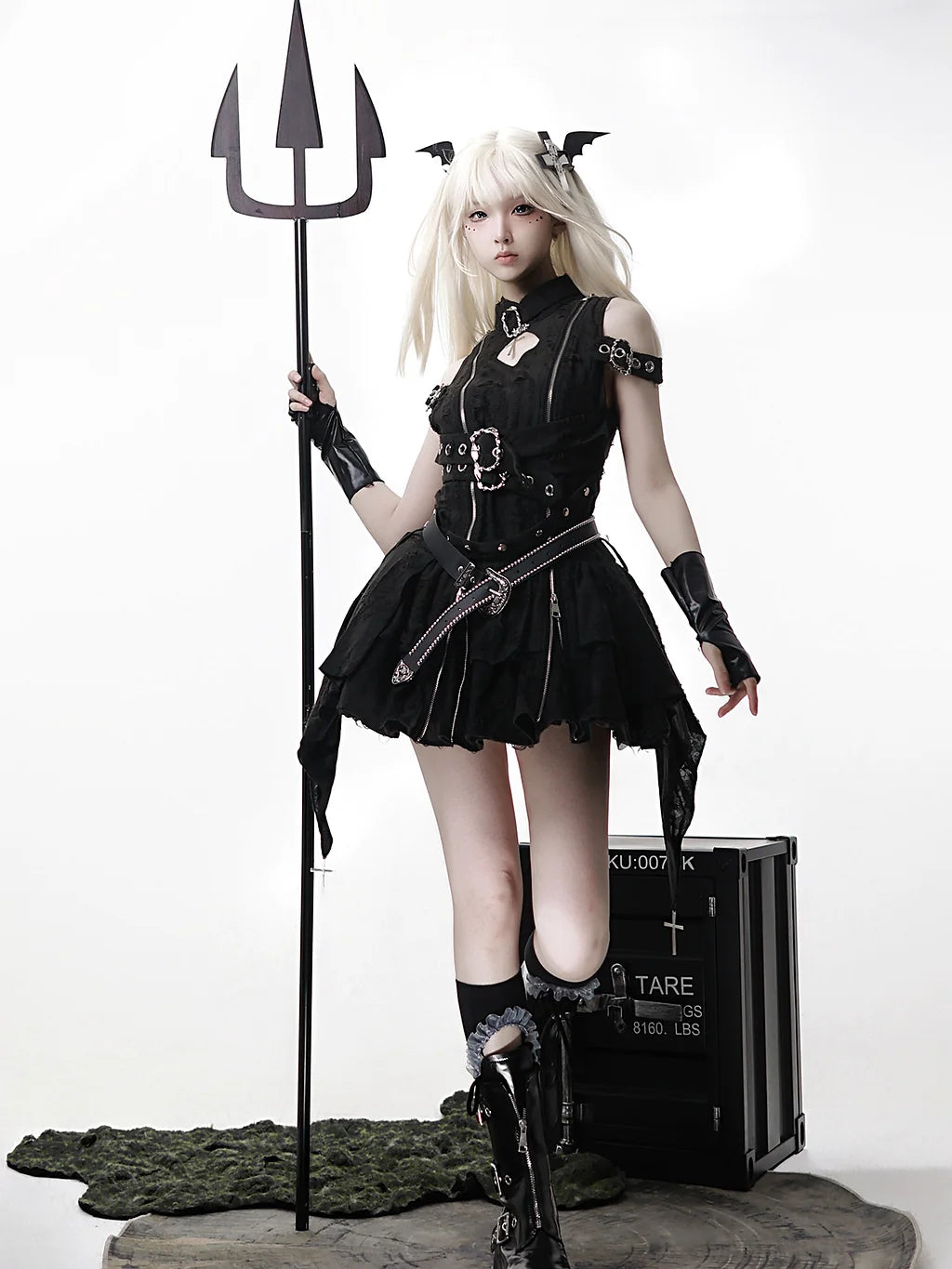 Goth lolita Set Black Punk Batwing Dress