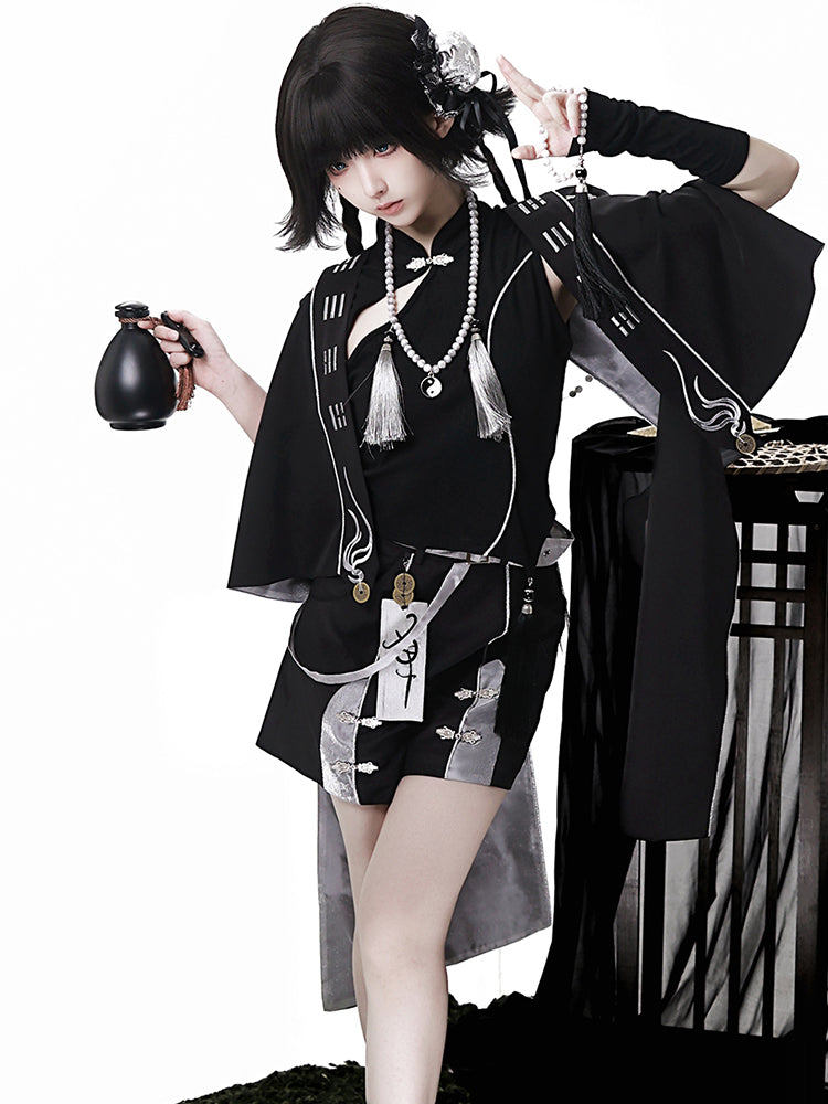 Goth Lolita Set Black Silver Oriental Inspired Outfit Cape Top
