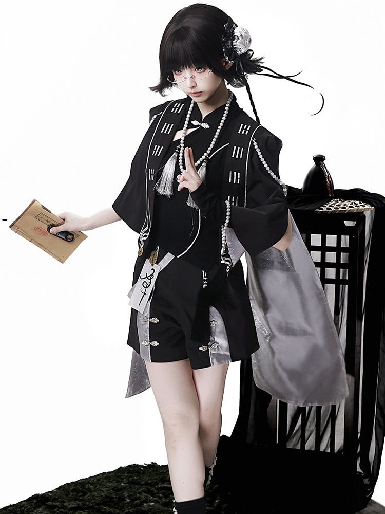 Goth Lolita Set Black Silver Oriental Inspired Outfit Cape Top