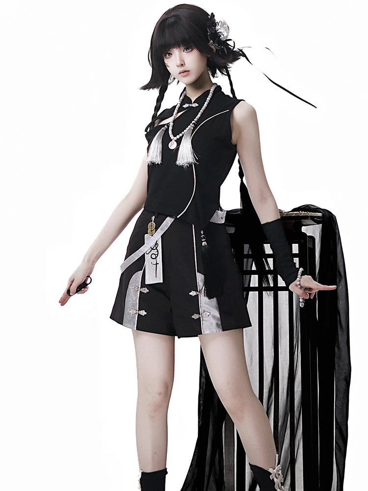 Goth Lolita Set Black Silver Oriental Inspired Outfit Cape Top