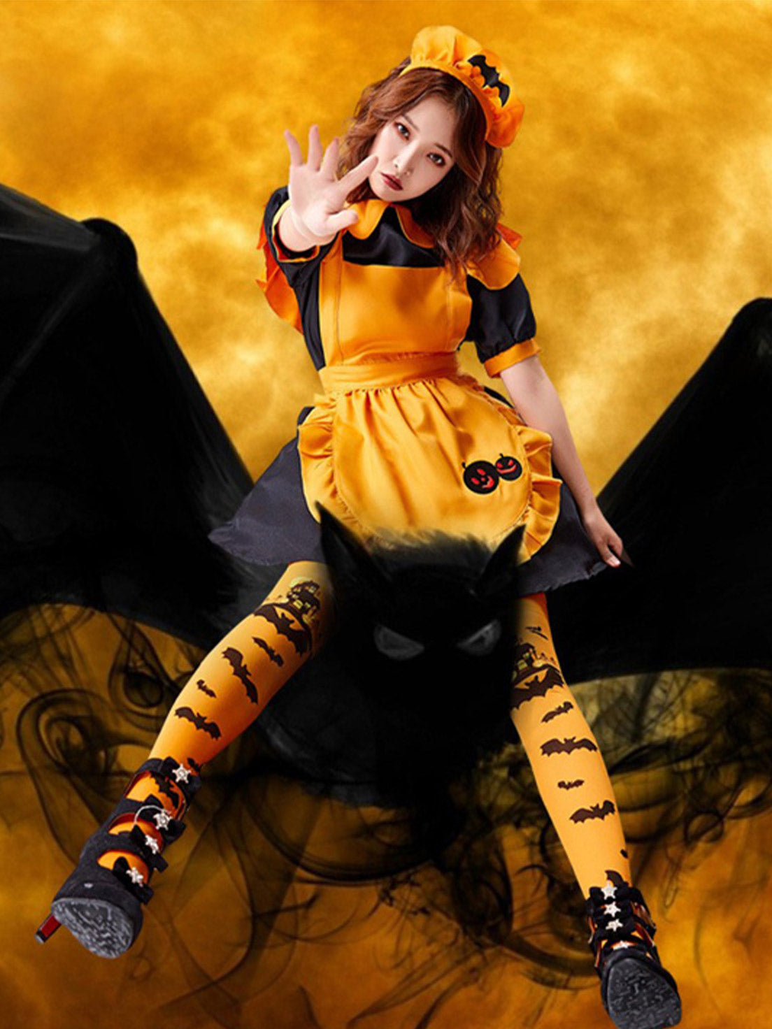 Goth Lolita Sweet Dress Black Orange Apron Halloween Lolita Dresses