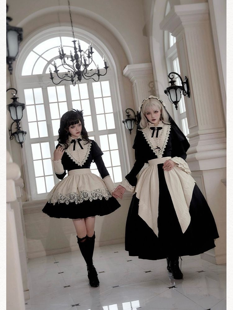 Goth Nun Black Long Short Op sleeved Apron Lolita Dress
