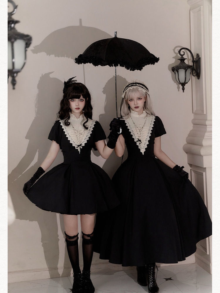 Goth Nun Black Long Short Op sleeved Apron Lolita Dress