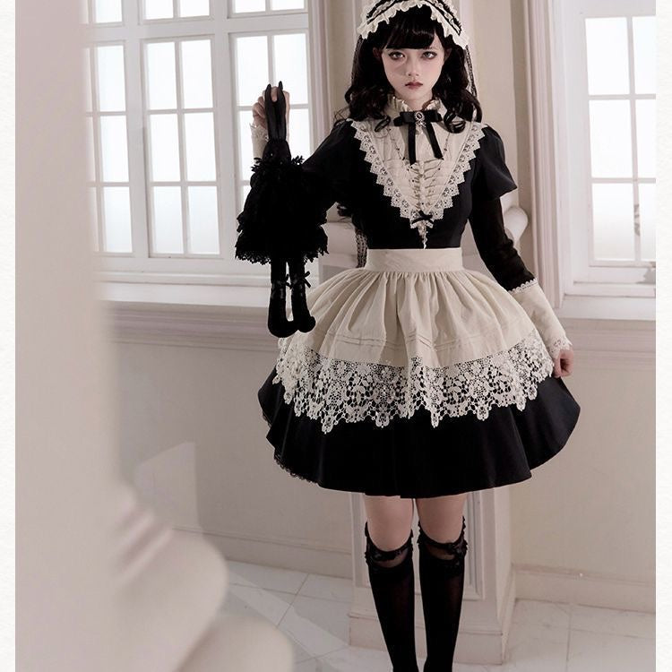 Goth Nun Black Long Short Op sleeved Apron Lolita Dress