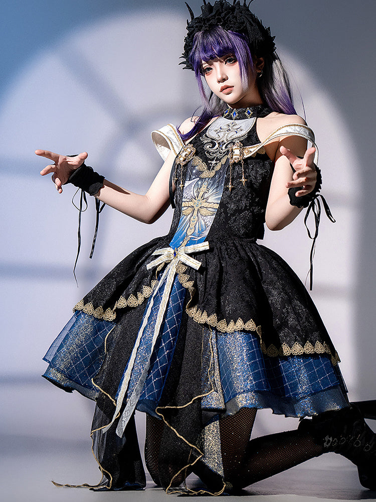 Goth Prom Dress Black Blue Halterneck Lace Dress Butterfly