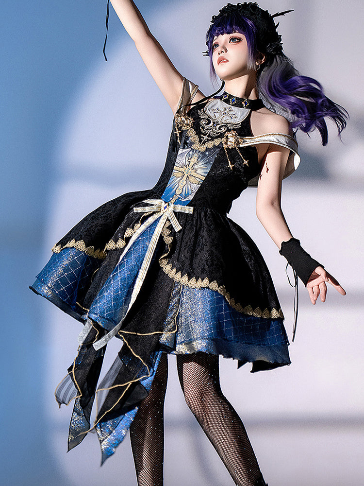 Goth Prom Dress Black Blue Halterneck Lace Dress Butterfly