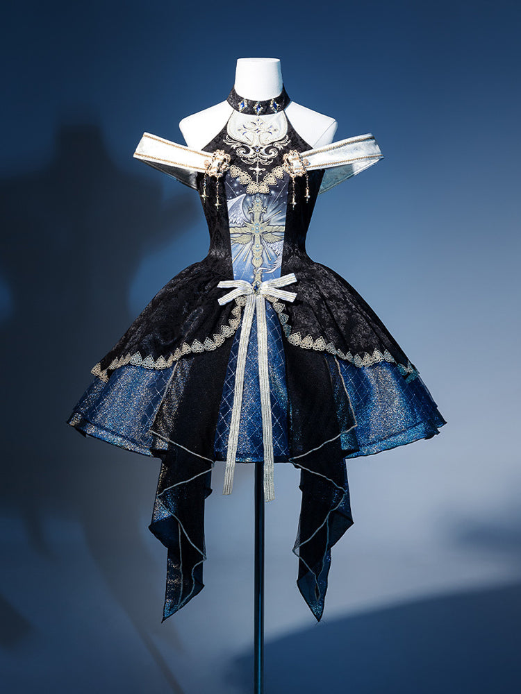 Goth Prom Dress Black Blue Halterneck Lace Dress Butterfly