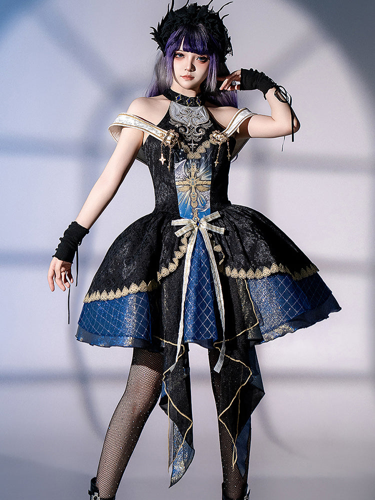 Goth Prom Dress Black Blue Halterneck Lace Dress Butterfly