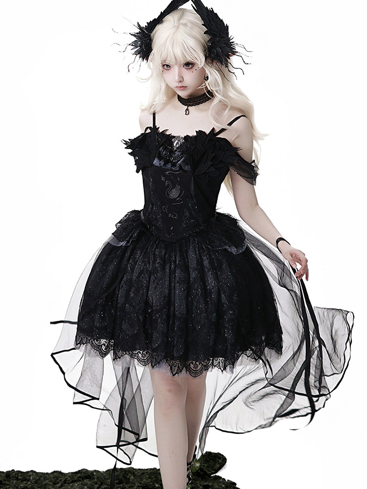 Goth Prom Dress Black Tulle Accent Asymmetric Gown One Piece Dress