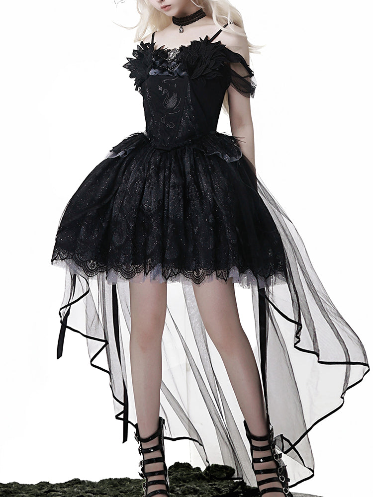 Goth Prom Dress Black Tulle Accent Asymmetric Gown One Piece Dress