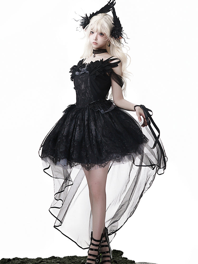 Goth Prom Dress Black Tulle Accent Asymmetric Gown One Piece Dress
