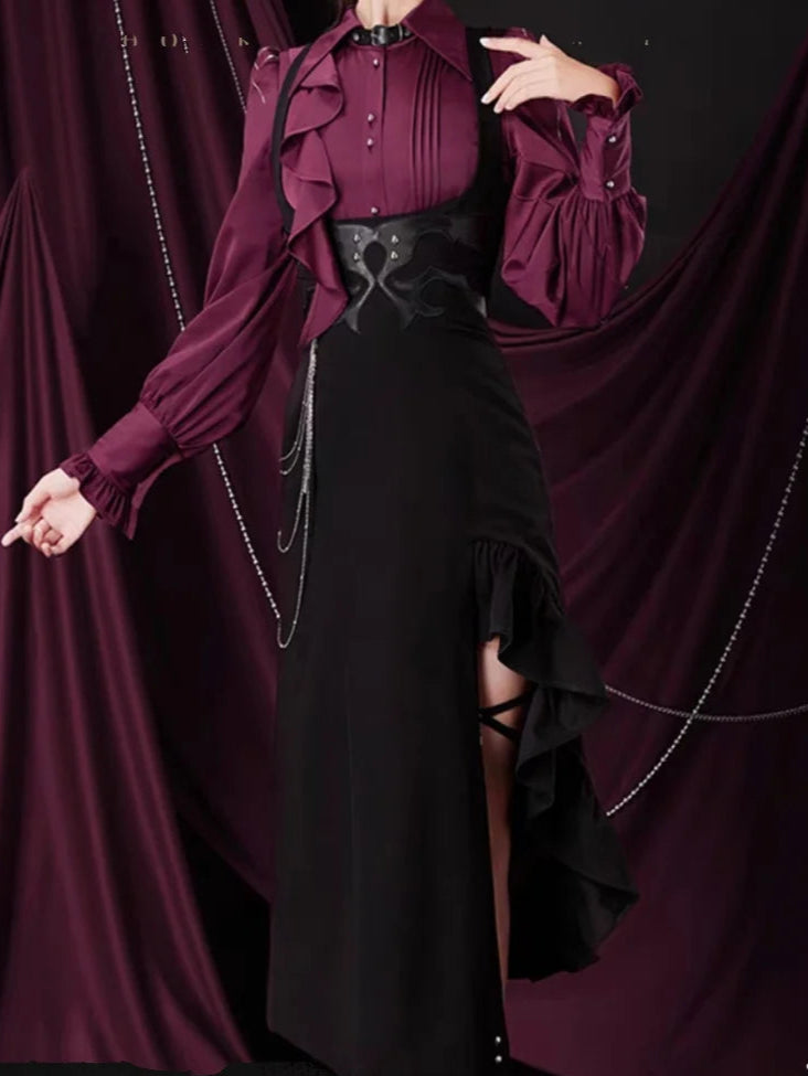 Goth Prom Set Goth Lolita Burgundy Ruffled Shirt Black Asymmetric Skirt