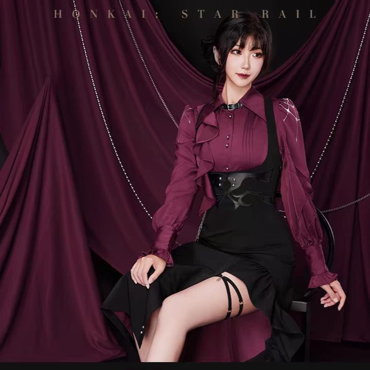 Goth Prom Set Goth Lolita Burgundy Ruffled Shirt Black Asymmetric Skirt