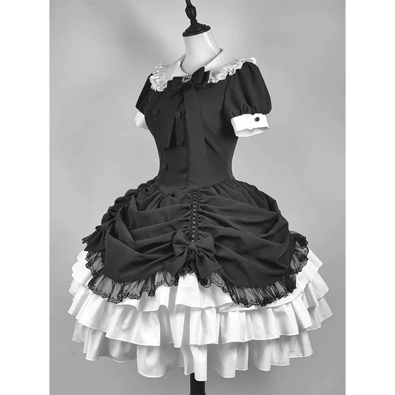 Gothic Dark Doll Gothic Lolita Black White Ruffled Maid Outfit Style Dress