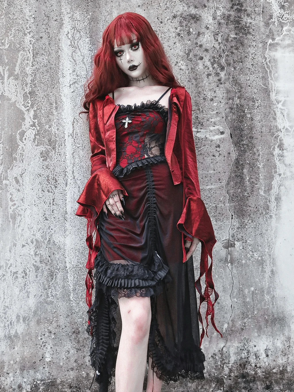 Gothic Inspired Red Black Lolita Ensemble with Ruffled Details