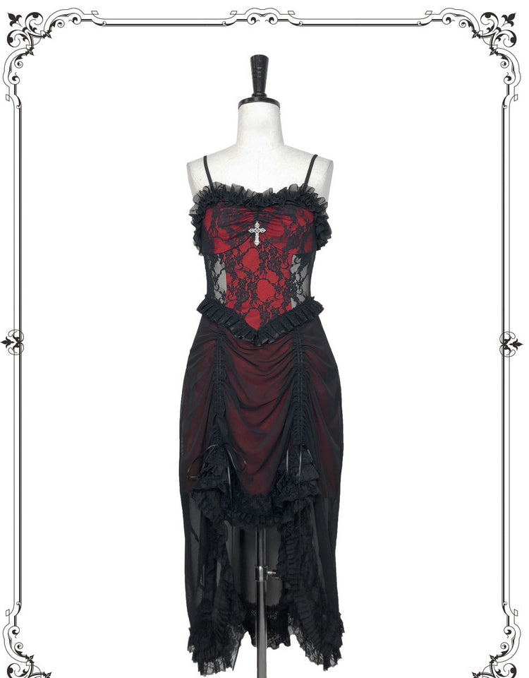 Gothic Inspired Red Black Lolita Ensemble with Ruffled Details