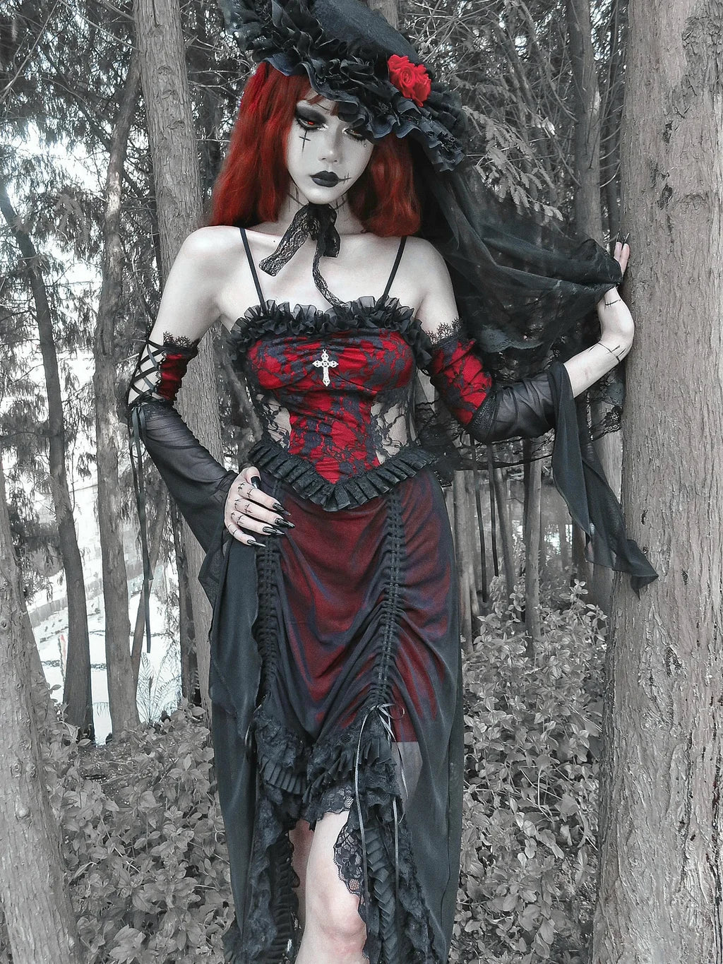 Gothic Inspired Red Black Lolita Ensemble with Ruffled Details