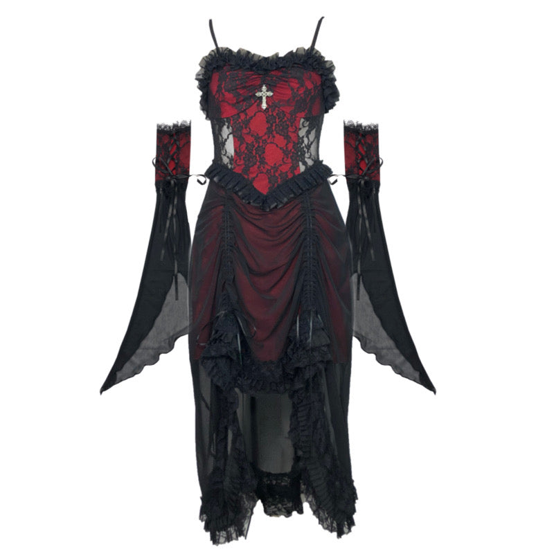 Gothic Inspired Red Black Lolita Ensemble with Ruffled Details