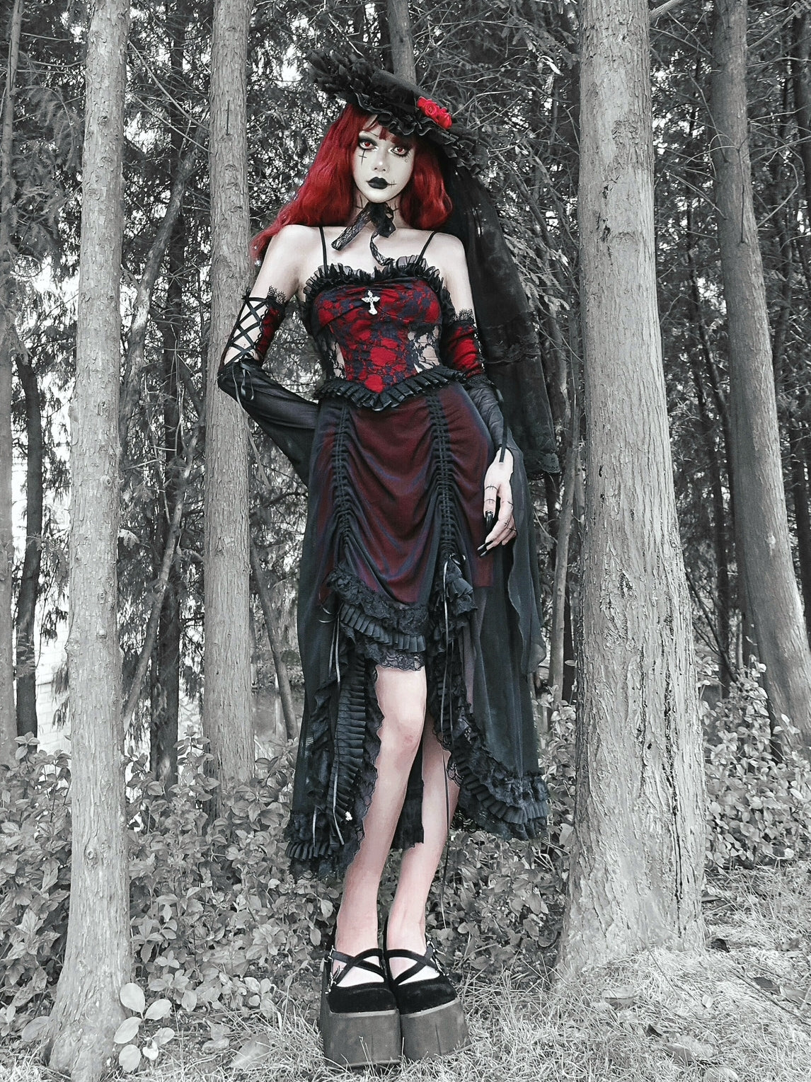 Gothic Inspired Red Black Lolita Ensemble with Ruffled Details