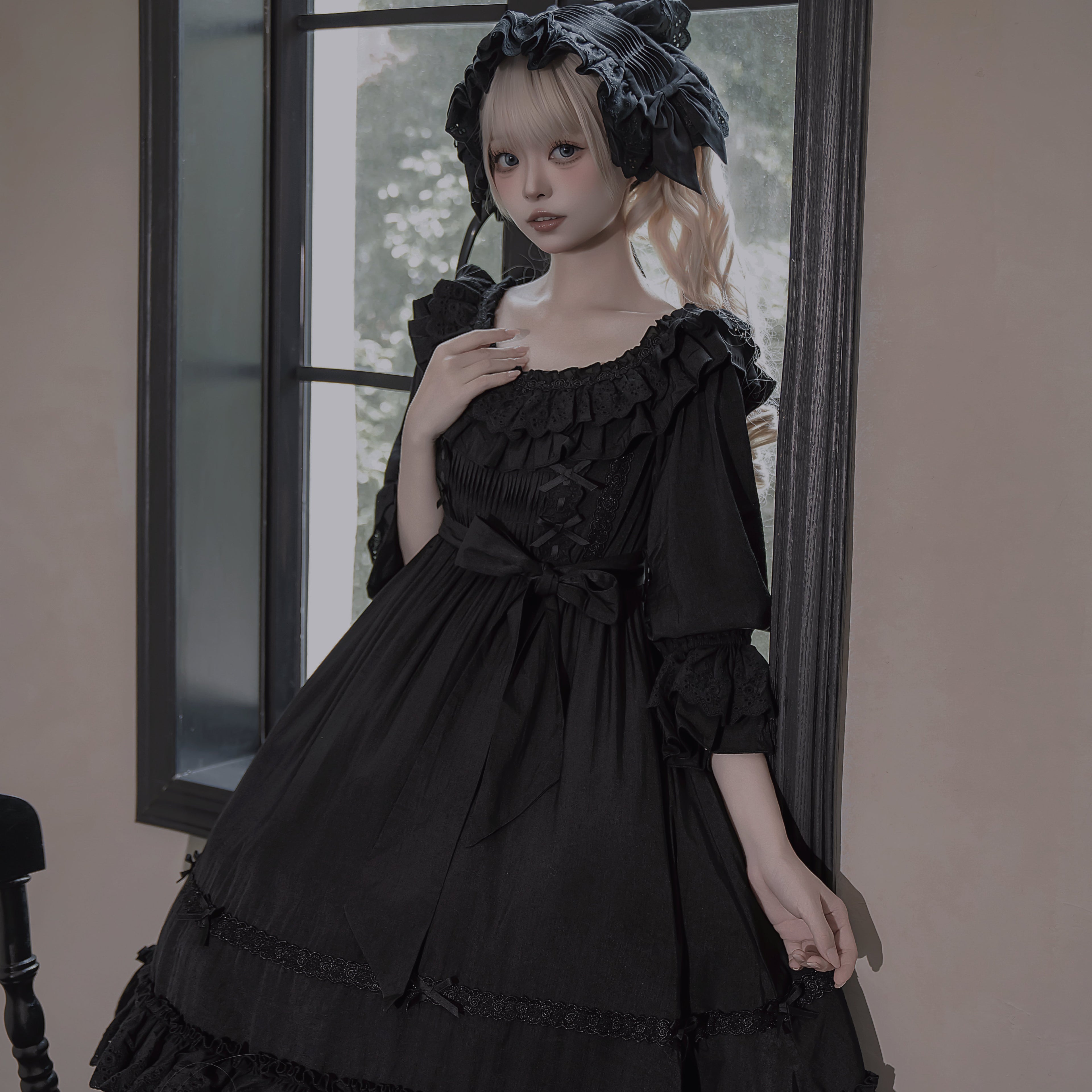 Gothic Lolita All Black Ruffle Trimmed Long Dress Goth Prom Dress