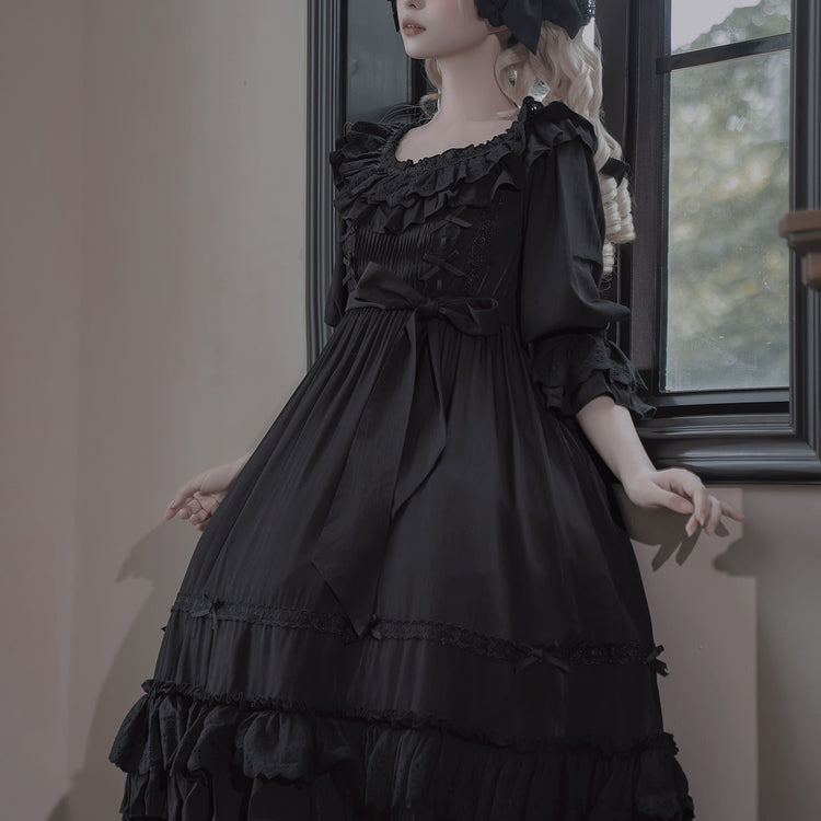 Gothic Lolita All Black Ruffle Trimmed Long Dress Goth Prom Dress