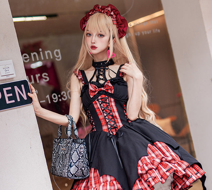 Punk Lolita Black Red Plaid Accent Dress