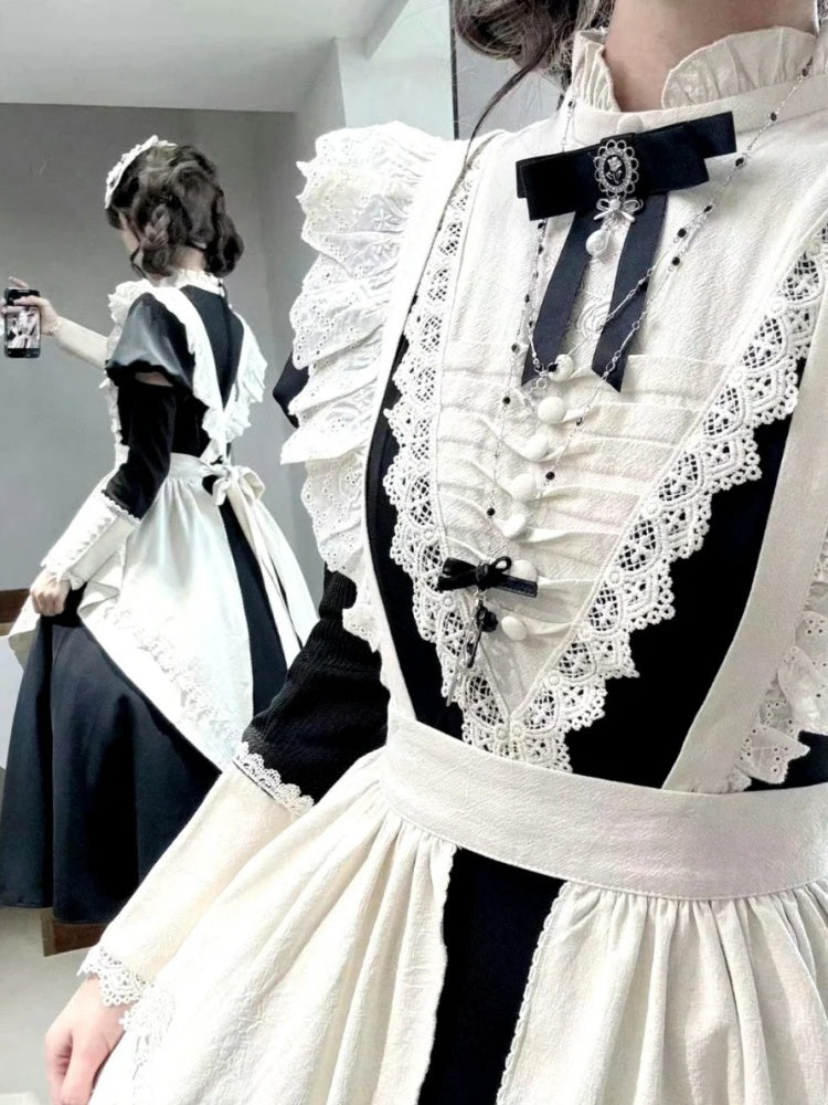Gothic Lolita Black White Maid Outfit Style Long Dress Goth Prom Dress