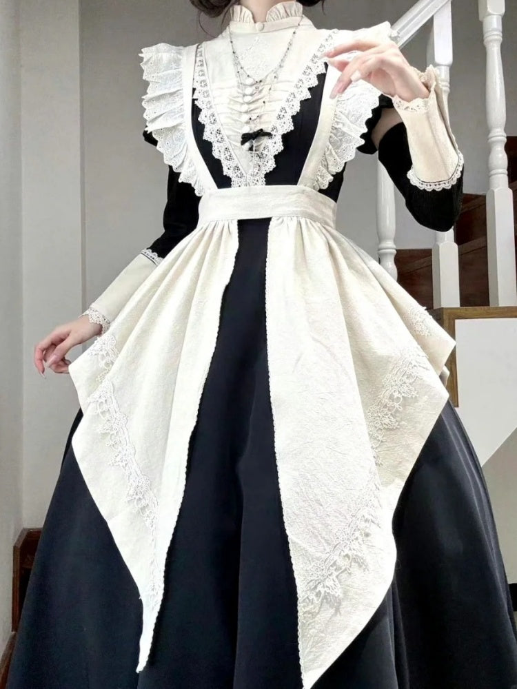 Gothic Lolita Black White Maid Outfit Style Long Dress Goth Prom Dress