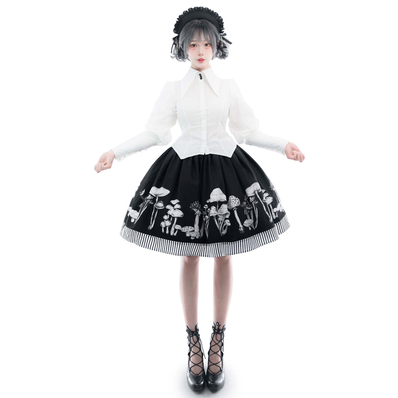 Gothic Lolita Black White Mushroom Print Ensemble Skirt