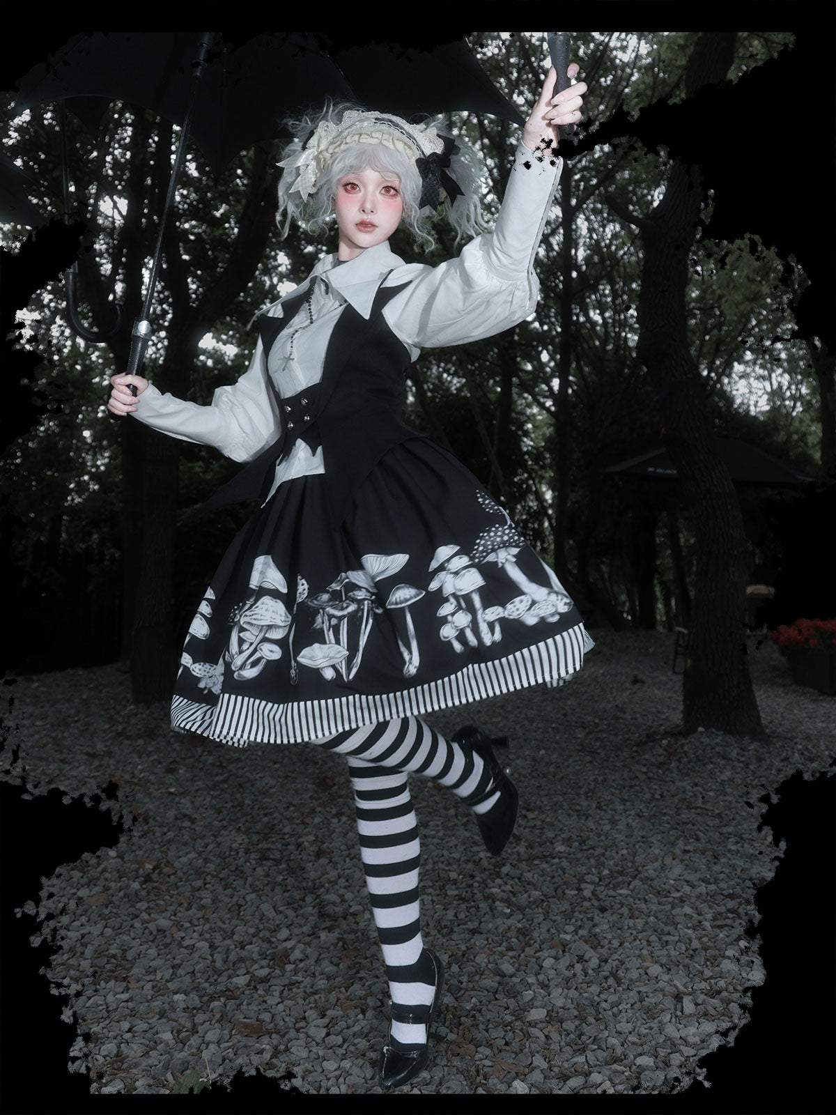 Gothic Lolita Black White Mushroom Print Ensemble Skirt