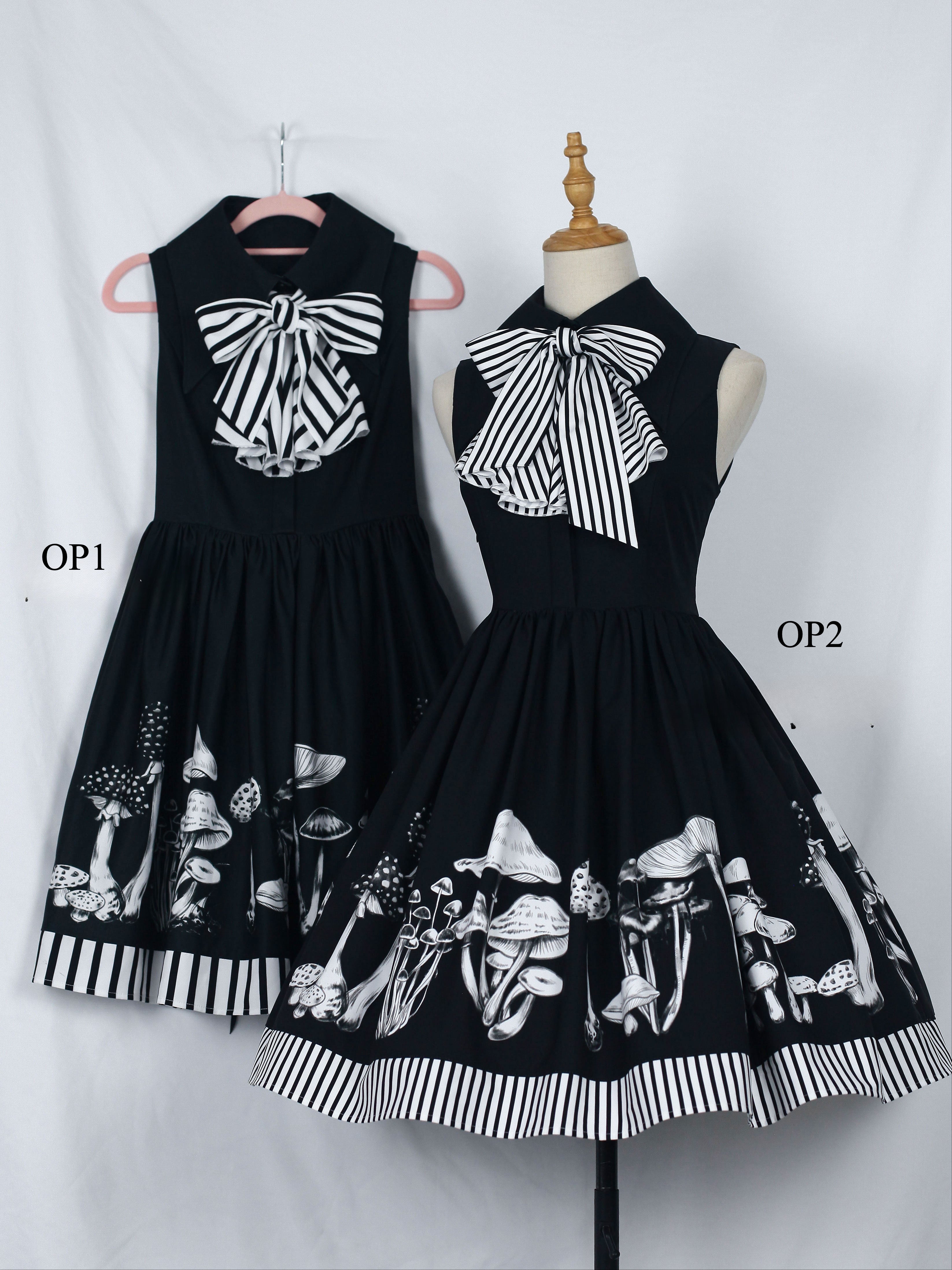 Gothic Lolita Black White Mushroom Print Ensemble Skirt
