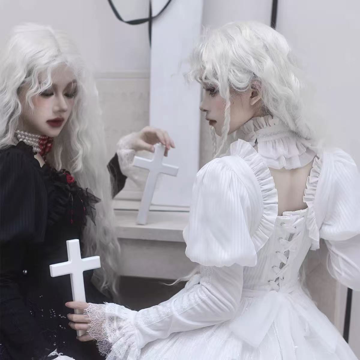 Gothic Lolita Nun Style OP Black White Halloween Layered Two-piece Spring Outfit