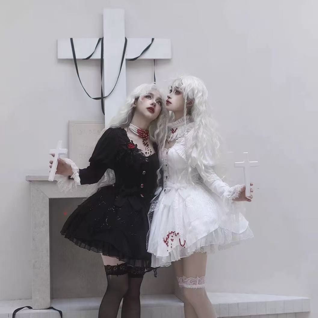 Gothic Lolita Nun Style OP Black White Halloween Layered Two-piece Spring Outfit