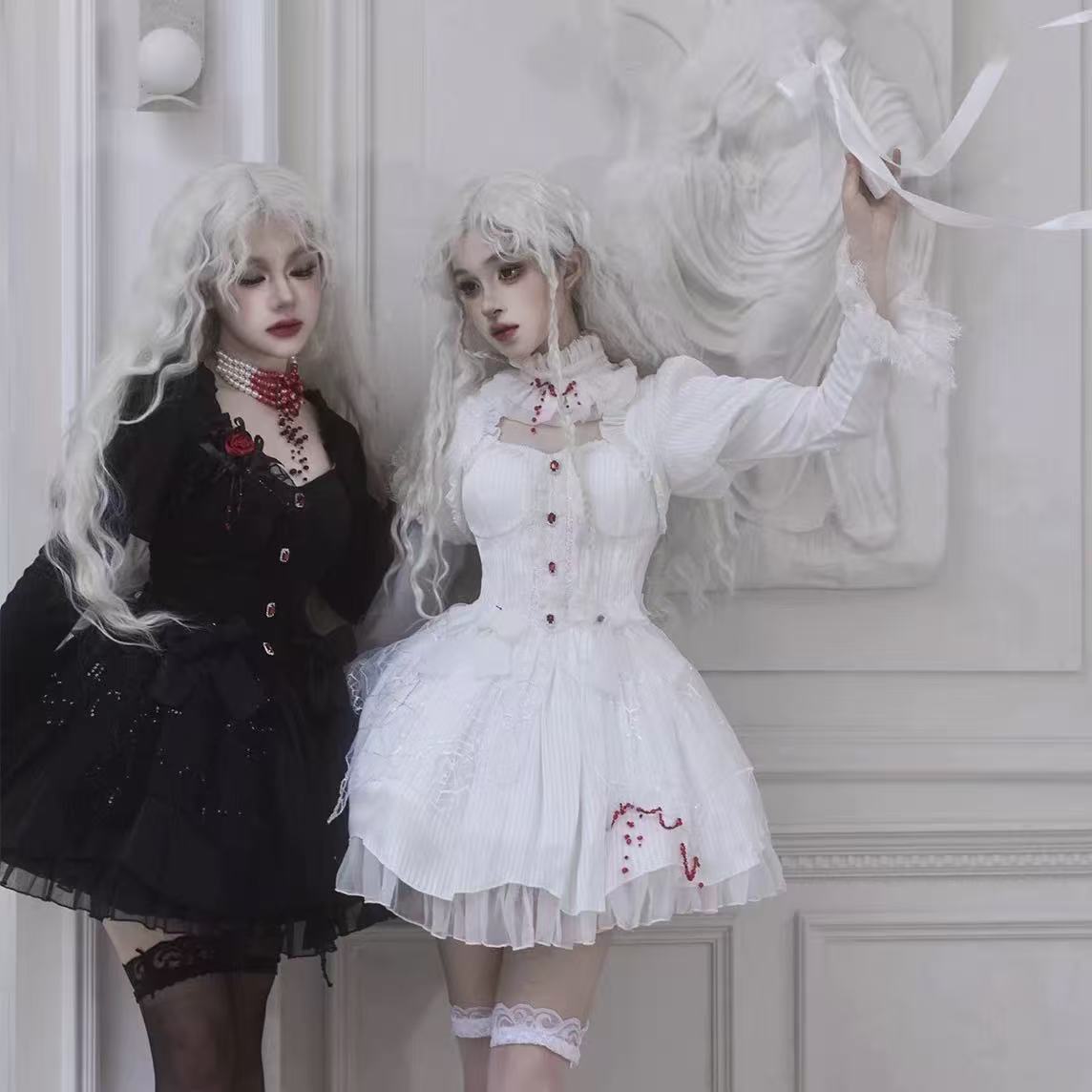 Gothic Lolita Nun Style OP Black White Halloween Layered Two-piece Spring Outfit