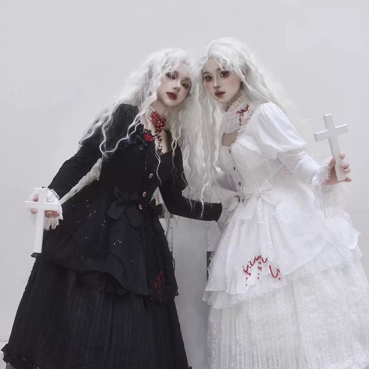 Gothic Lolita Nun Style OP Black White Halloween Layered Two-piece Spring Outfit
