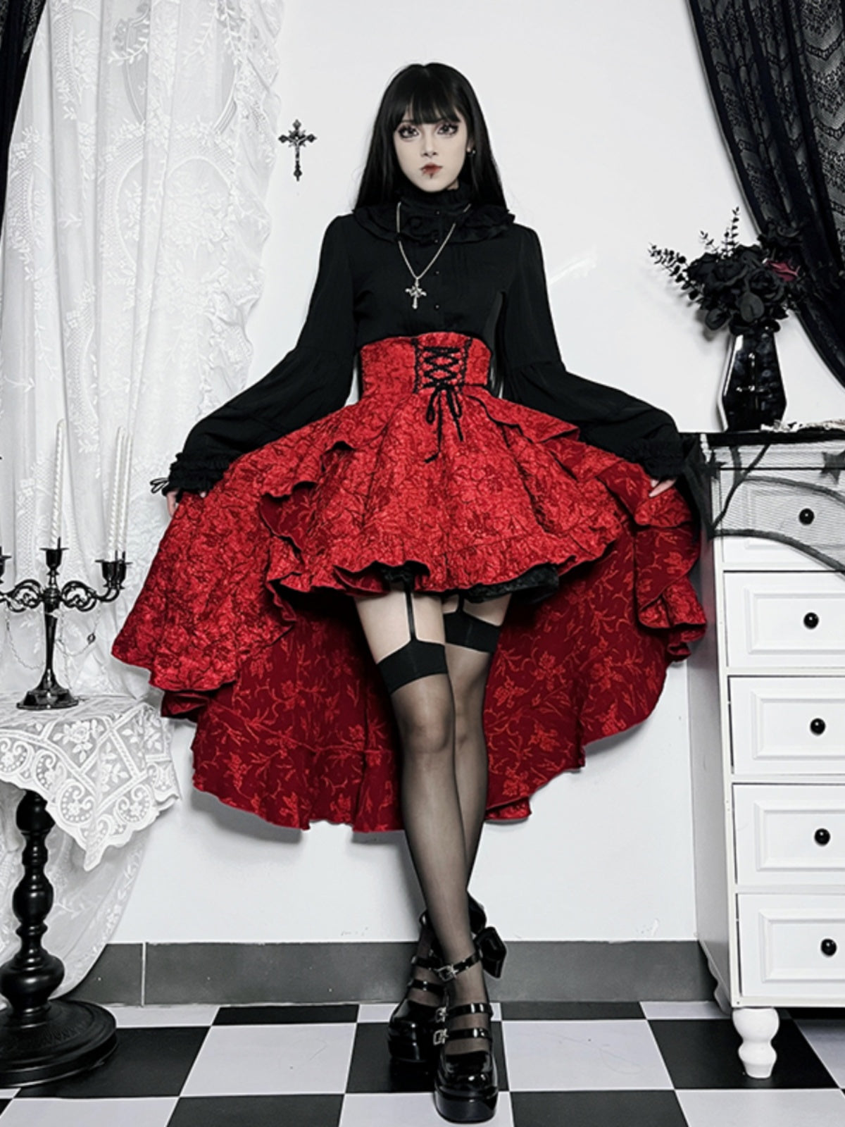 Gothic Skirt Lolita Red Dress and Black Retro Tutu Lolita