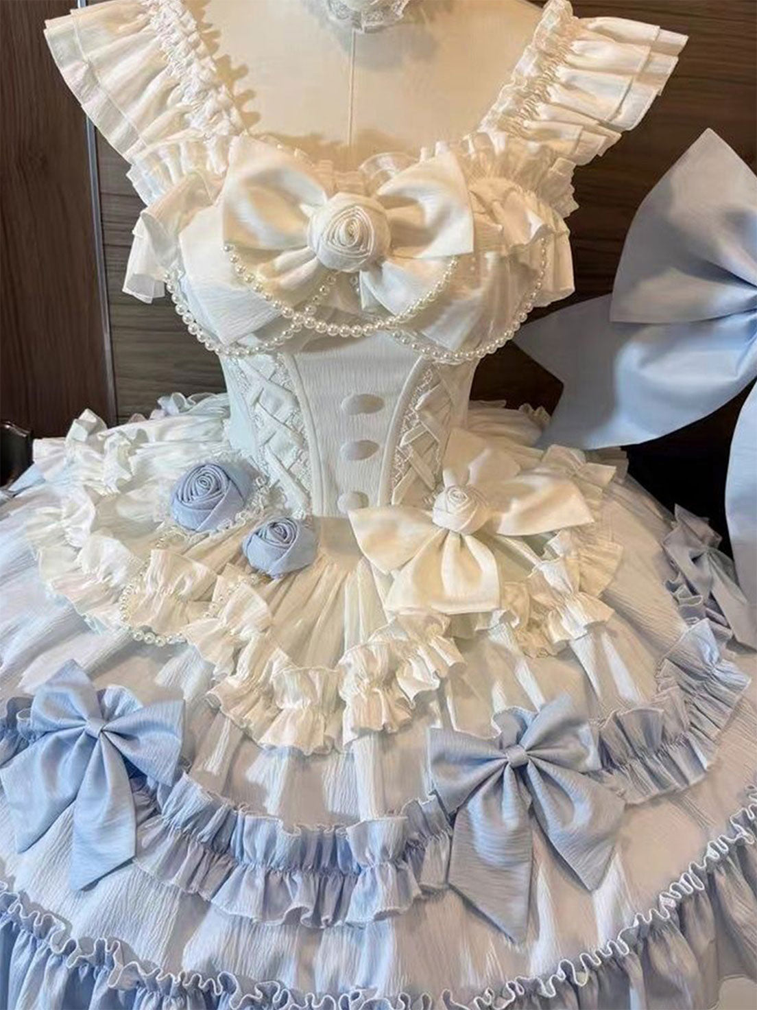 Gradual Change Hime Lolita Blue Tea Party Fashion Lavender Bow Ruffled Dress