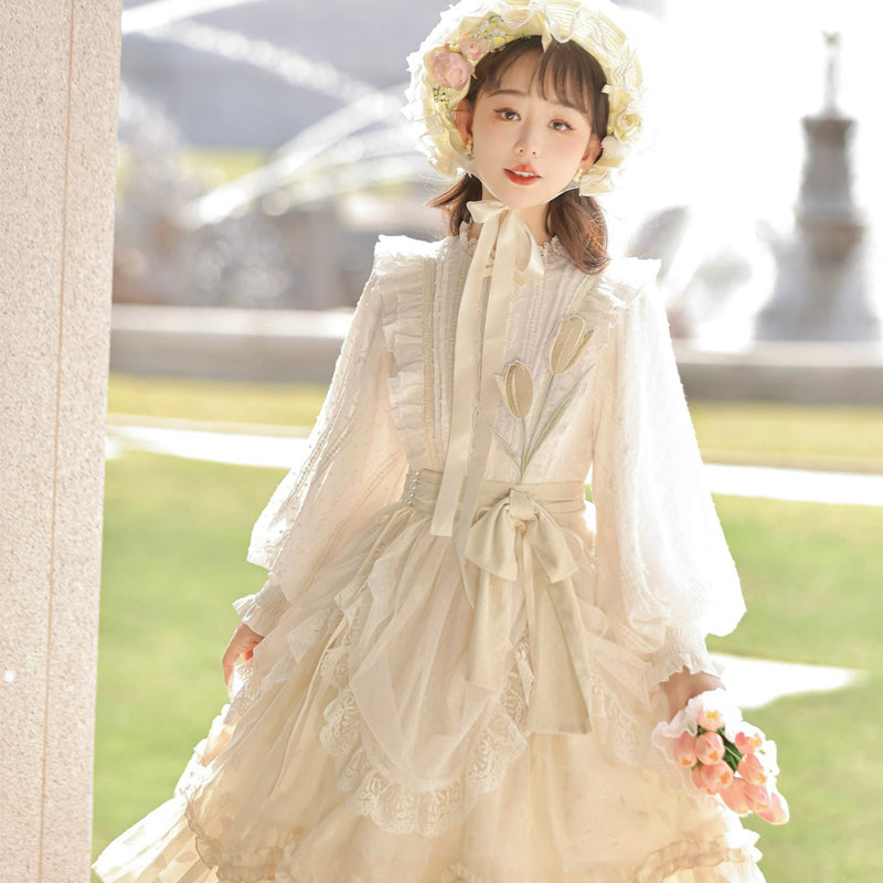 Hime Lolita Apricot Daily Cute Lolita Bubble Sleeve Lace Sweet Skirt Lace Layer Lotus Leaf Edge Lolita Flower Wedding OP Lolita Dresses